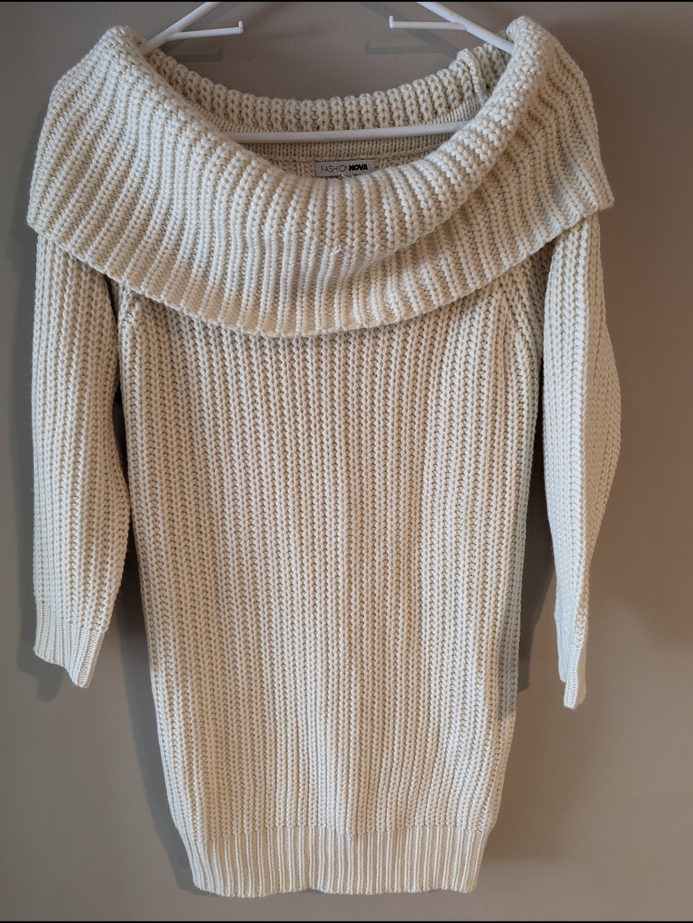 NWOT- Fashion Nova Cream Off-Shoulder Ribbed Knit Sweater
